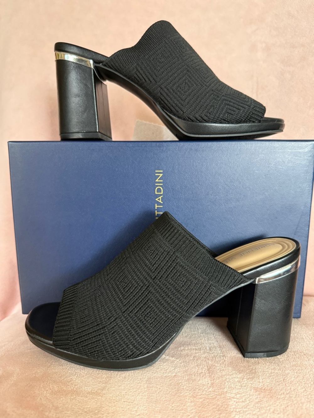 Adrienne Vittadini Black Knit Block Heel Mules NWT Size 6.5